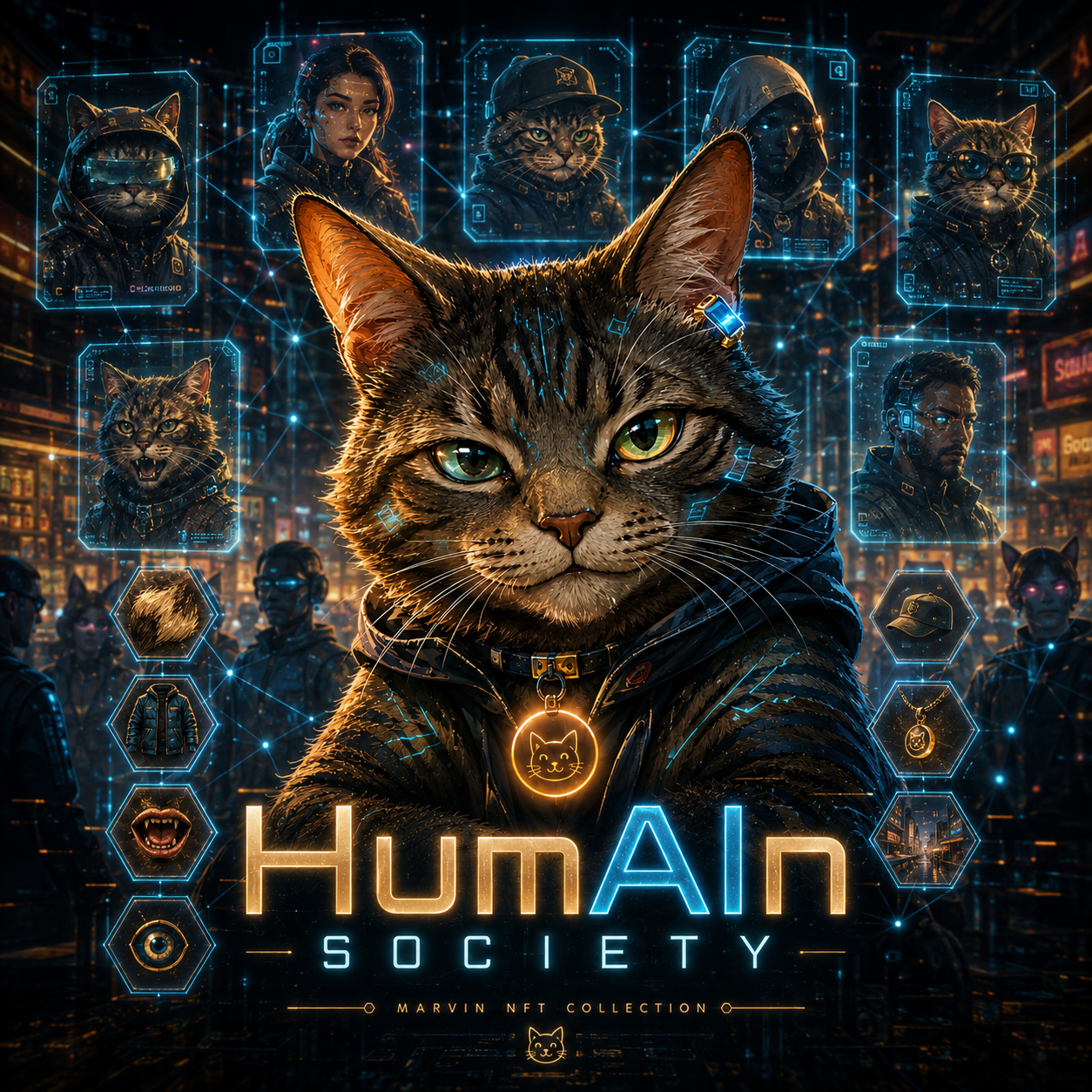 Marvin surrounded by blue holographic portraits and interface frames