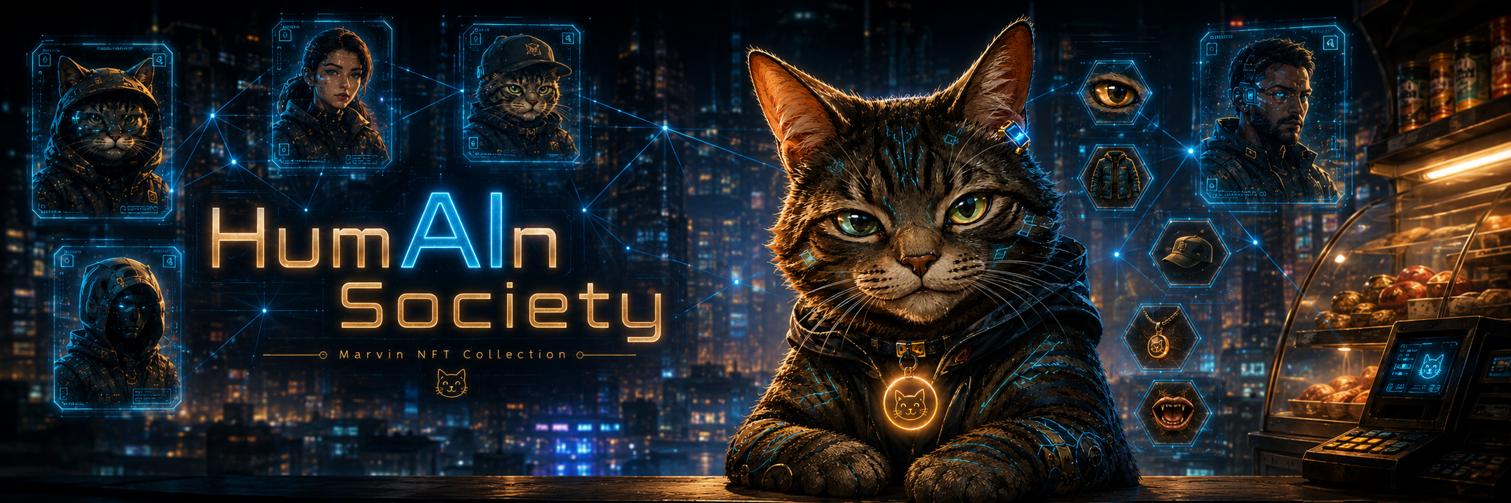 Wide scene of Marvin in a neon bodega connected to portraits of humans and cats